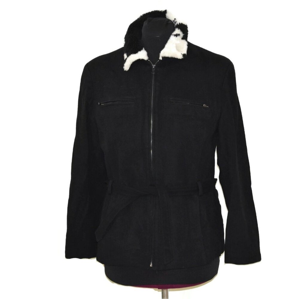 Jason Kole Womens 12 Wool Coat Jacket  Black with Faux Fur Collar